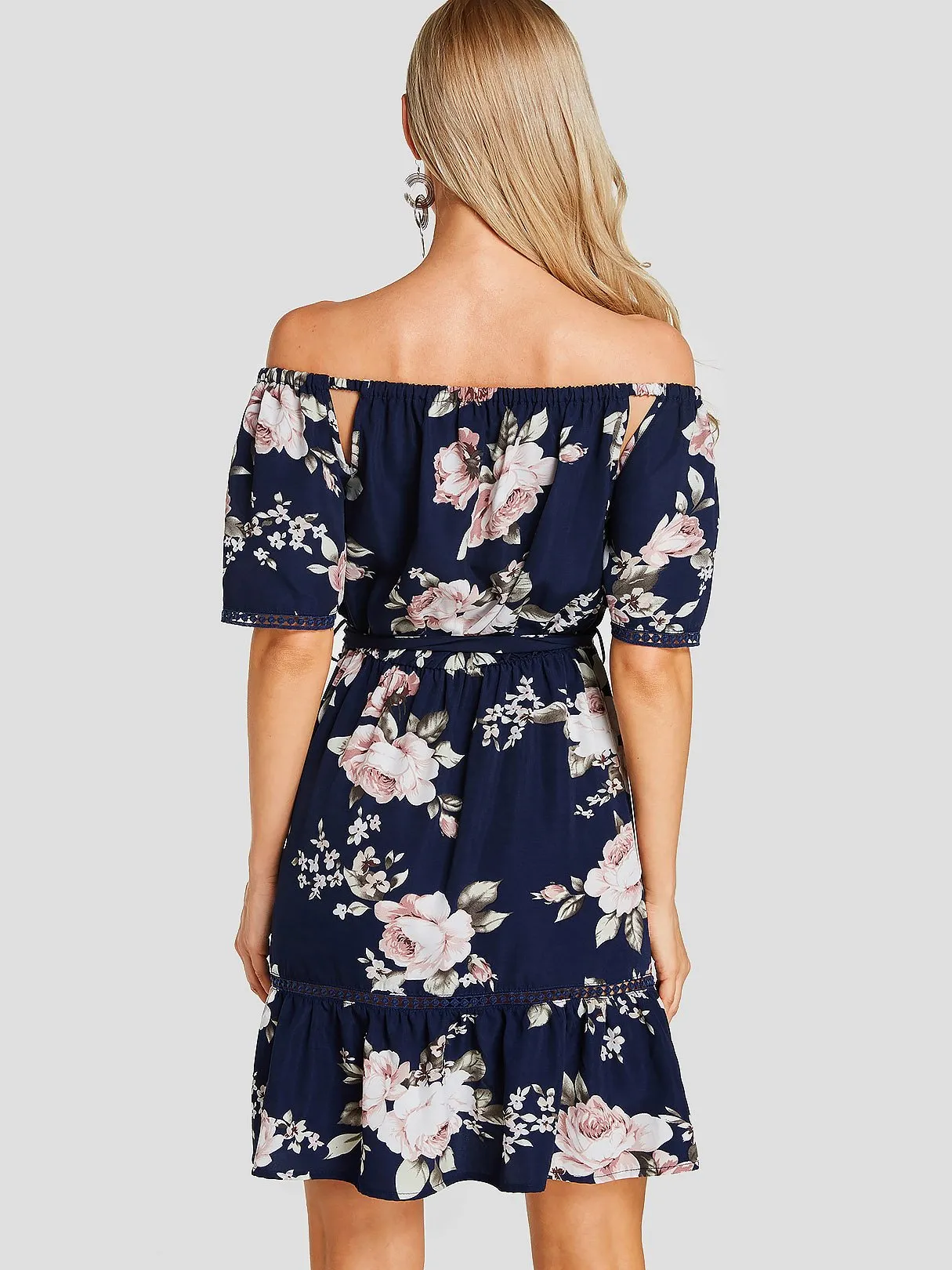 Wholesale Navy Off The Shoulder Half Sleeve Floral Print Cut Out Belt Ruffle Hem Dresses