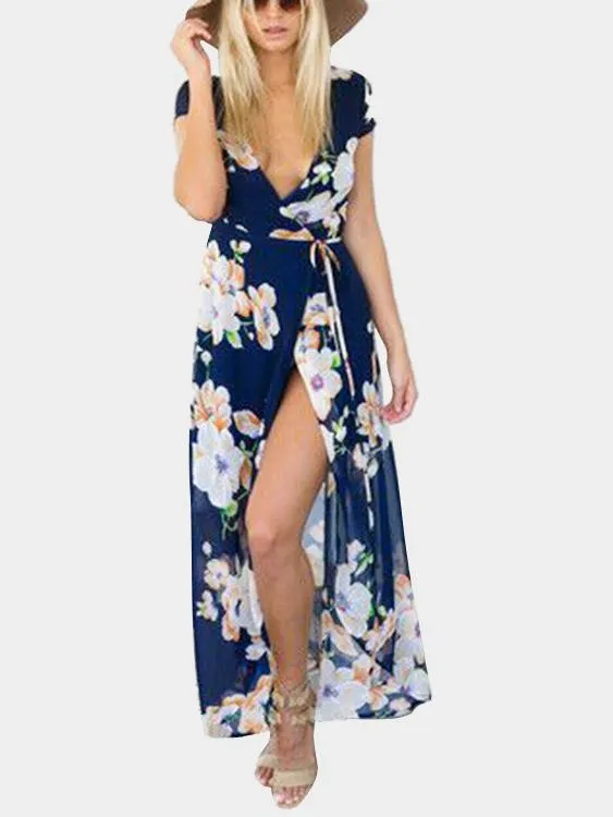 Wholesale Navy Off The Shoulder Half Sleeve Floral Print Cut Out Belt Ruffle Hem Dresses