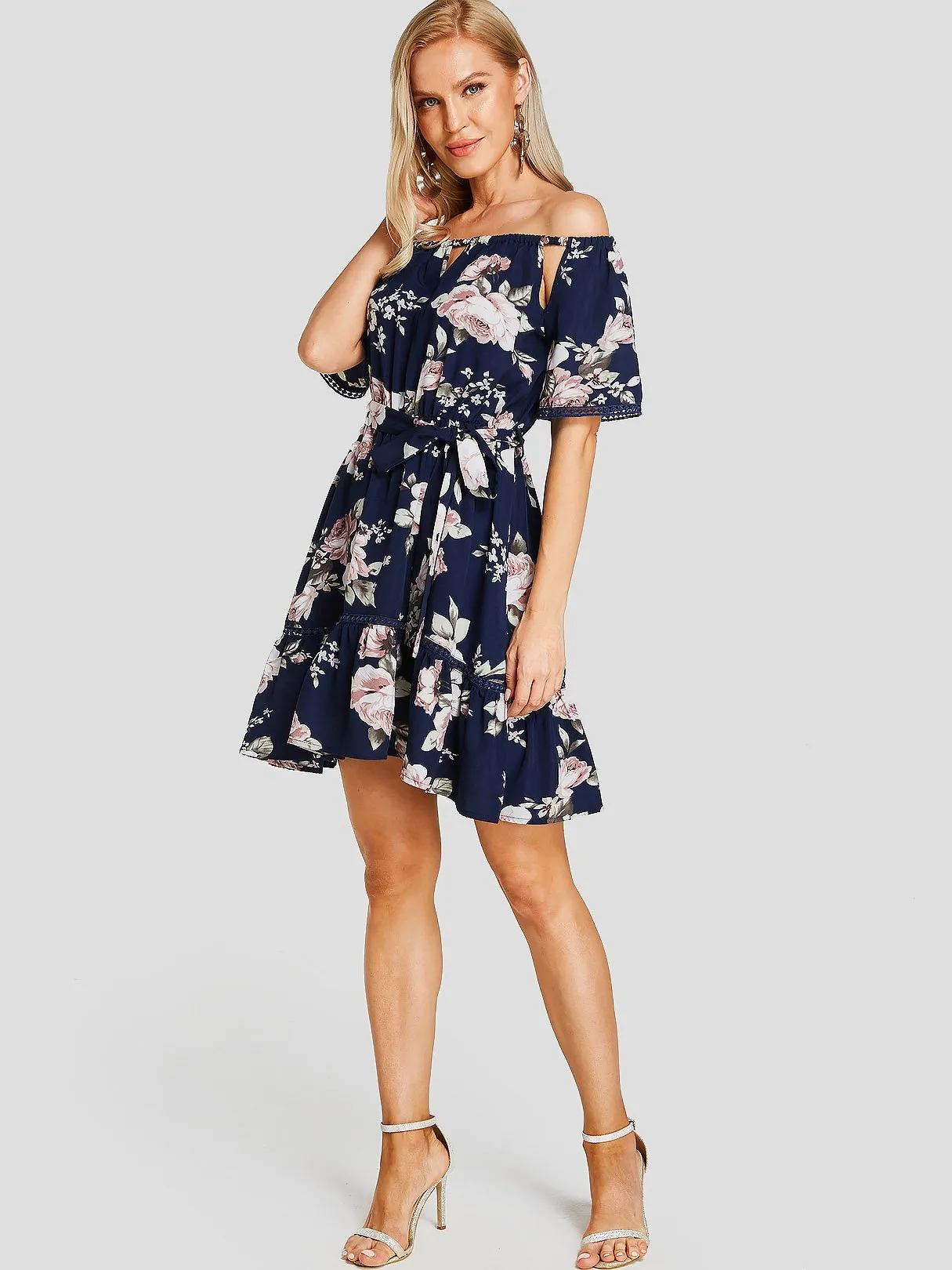 Wholesale Navy Off The Shoulder Half Sleeve Floral Print Cut Out Belt Ruffle Hem Dresses