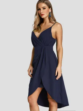 Wholesale Navy V-Neck Sleeveless Plain Crossed Front Zip Back Backless Wrap Slit Hem Midi Dress