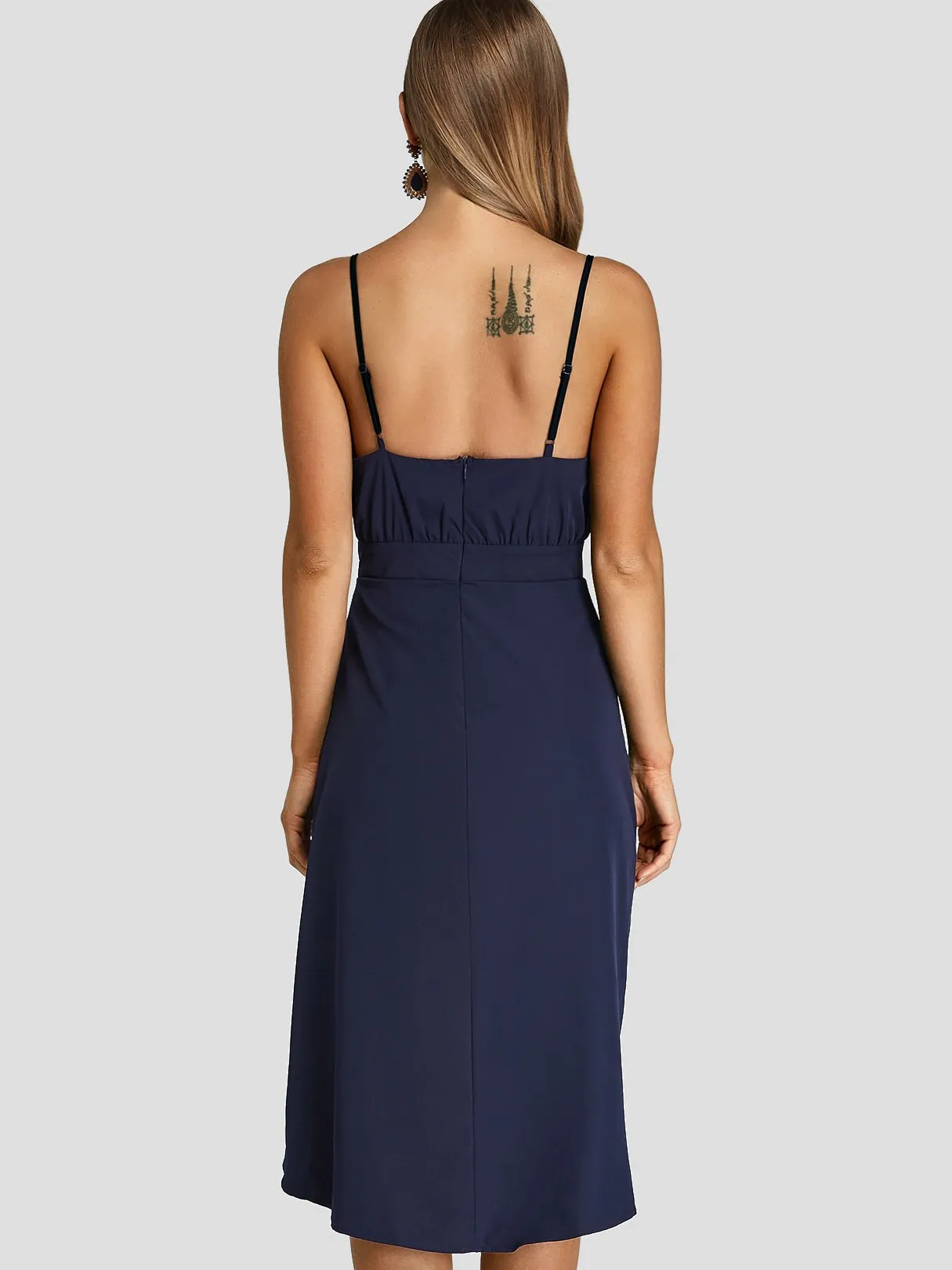 Wholesale Navy V-Neck Sleeveless Plain Crossed Front Zip Back Backless Wrap Slit Hem Midi Dress