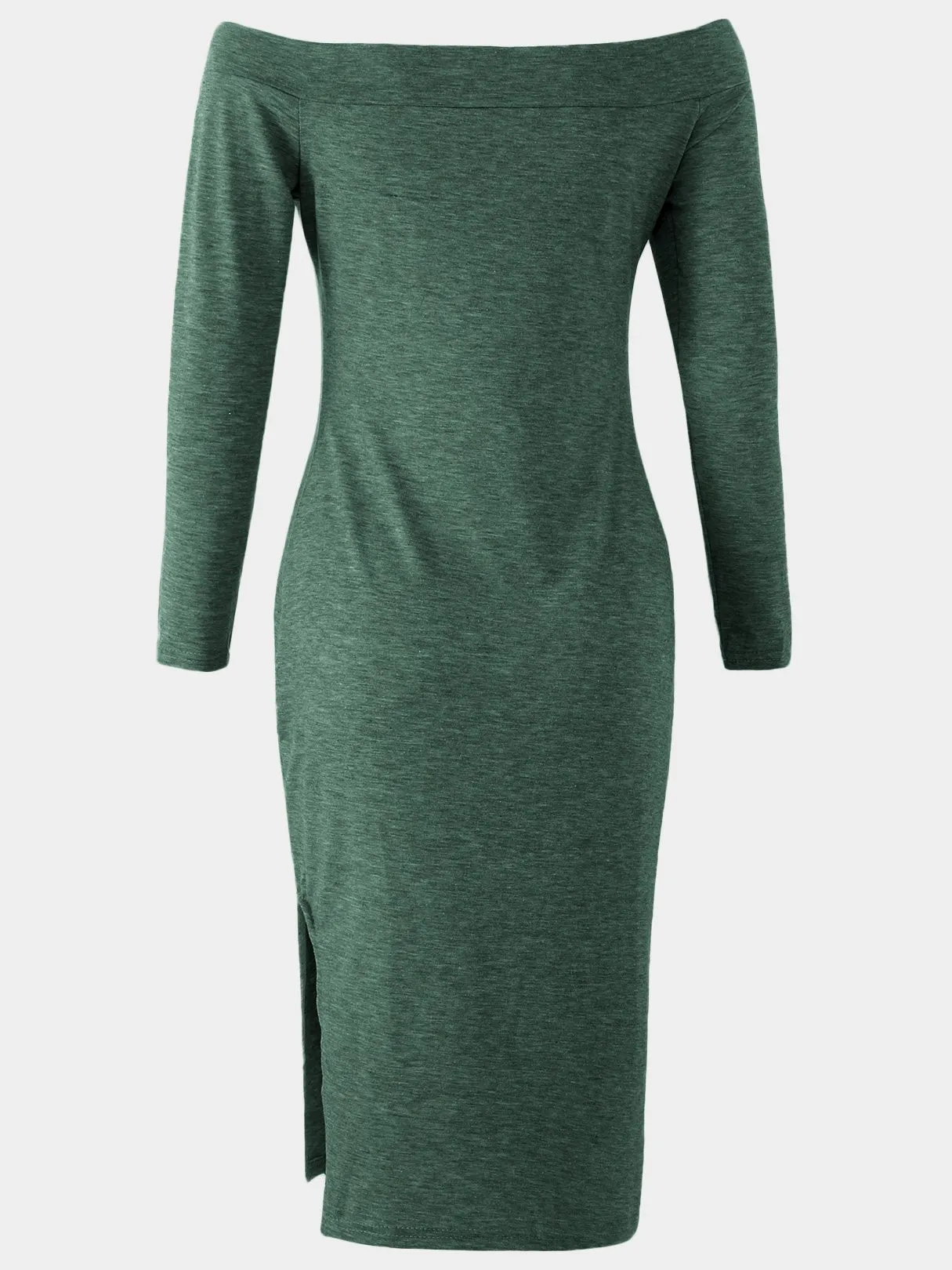 Wholesale Off The Shoulder Plain Long Sleeve Slit Hem High-Waisted Green Dresses