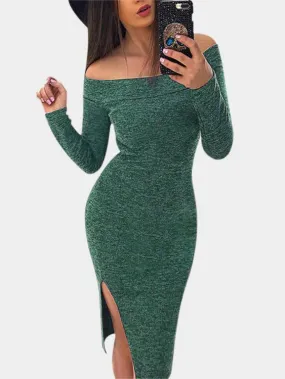 Wholesale Off The Shoulder Plain Long Sleeve Slit Hem High-Waisted Green Dresses