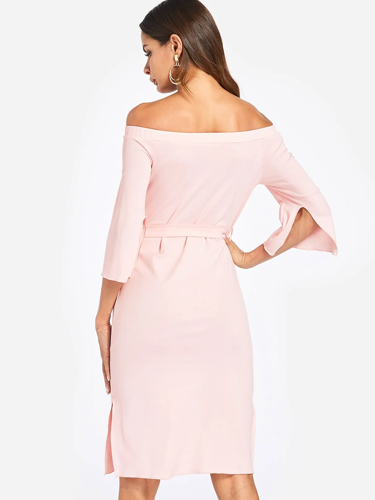 Wholesale Pink Off The Shoulder 3/4 Sleeve Length Plain Self-Tie Slit Hem Dresses