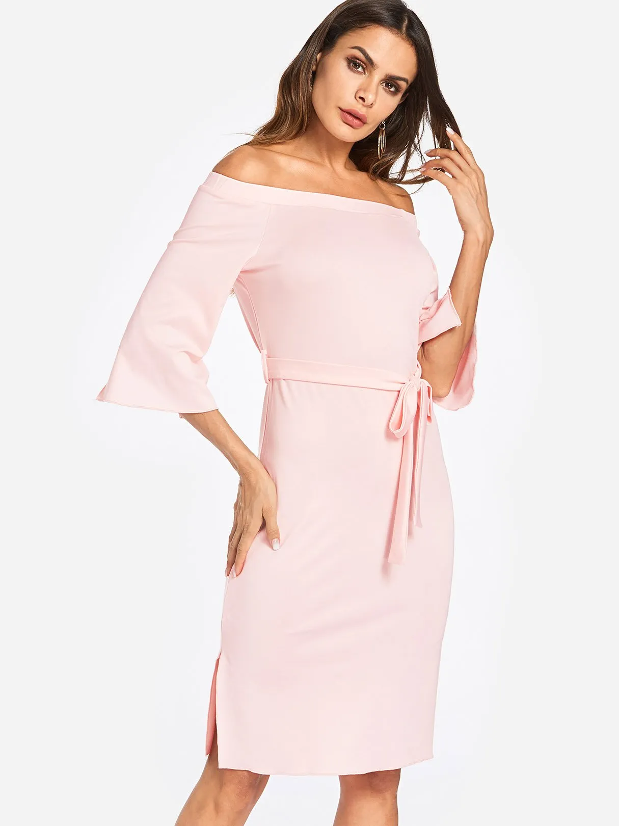 Wholesale Pink Off The Shoulder 3/4 Sleeve Length Plain Self-Tie Slit Hem Dresses