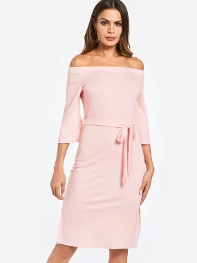 Wholesale Pink Off The Shoulder 3/4 Sleeve Length Plain Self-Tie Slit Hem Dresses