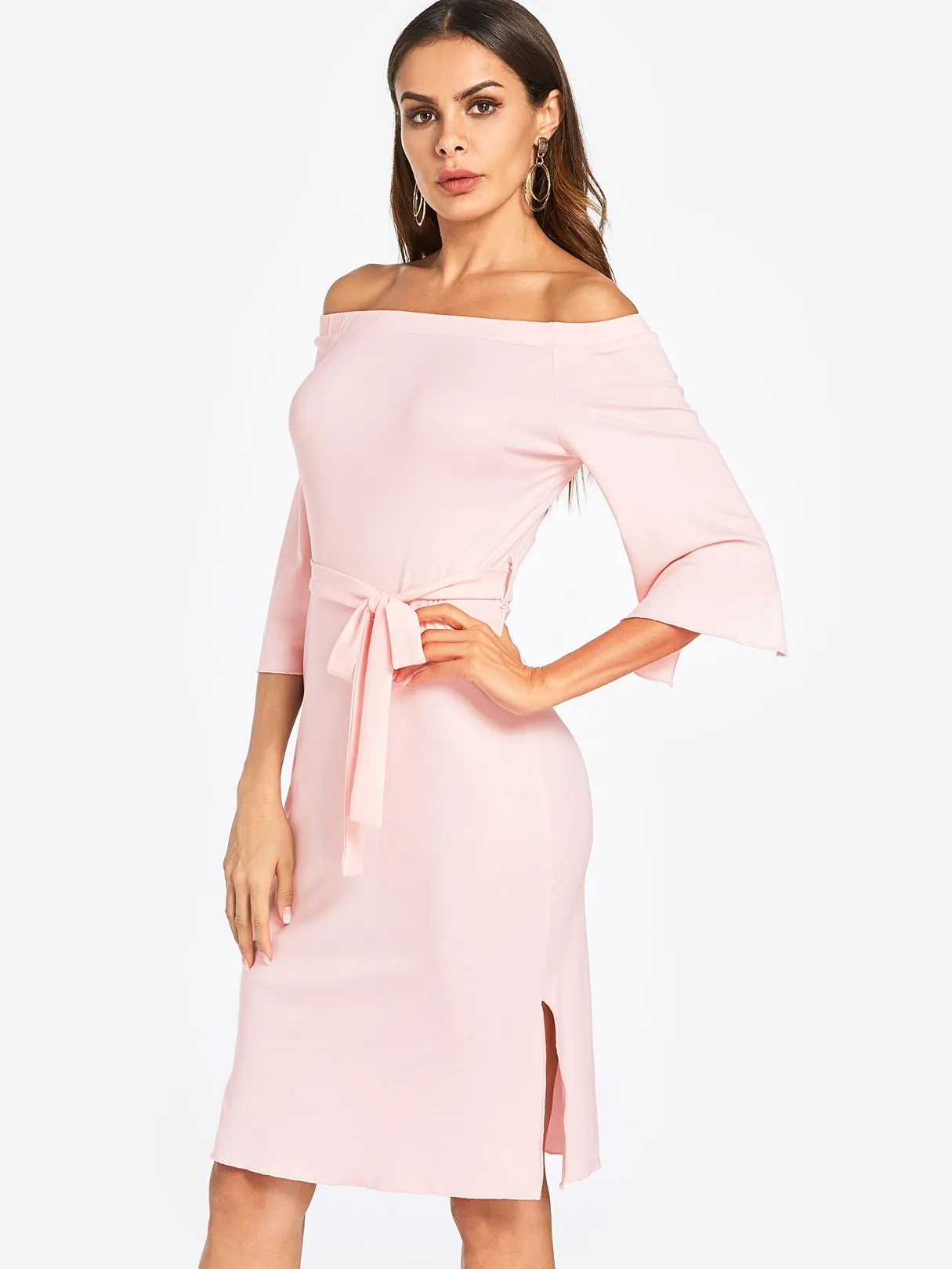 Wholesale Pink Off The Shoulder 3/4 Sleeve Length Plain Self-Tie Slit Hem Dresses