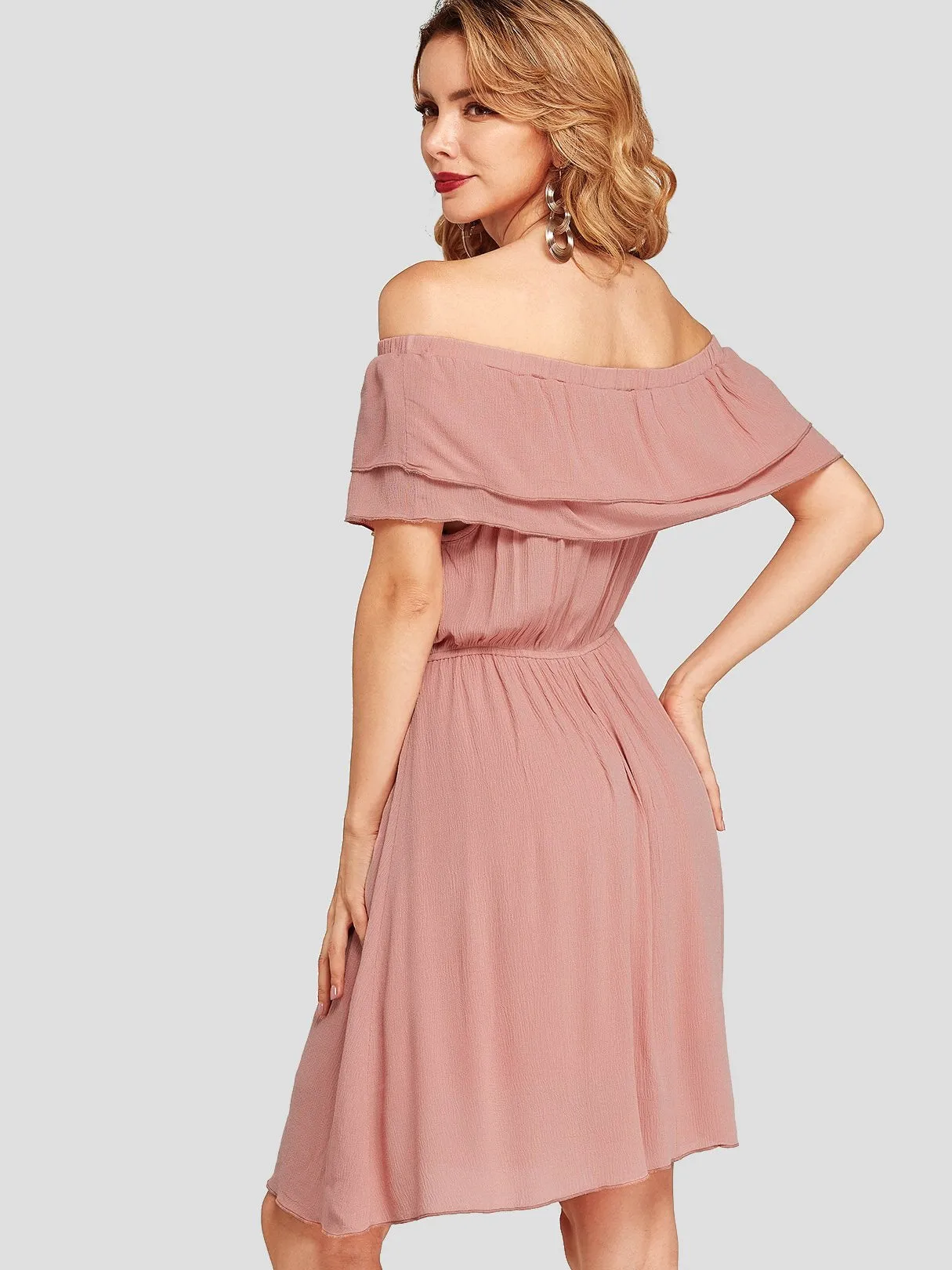 Wholesale Pink Off The Shoulder Short Sleeve Plain Tiered Backless Dresses