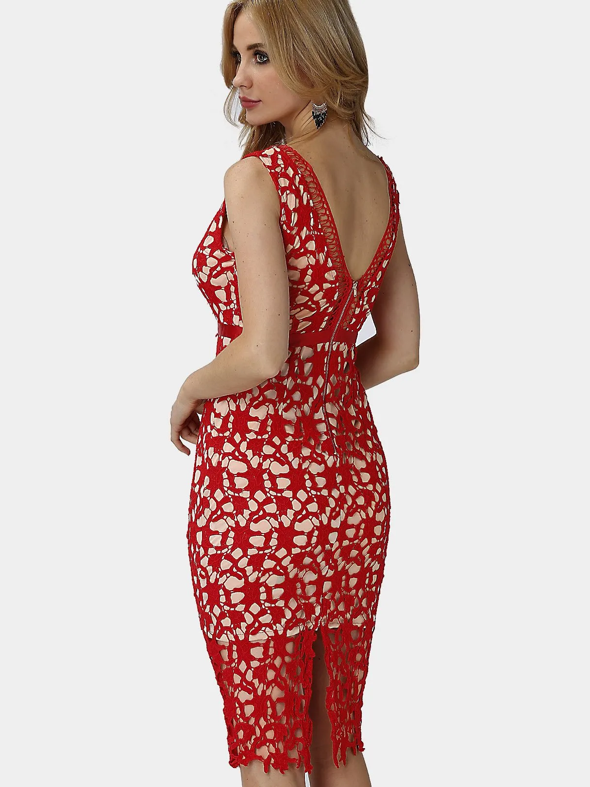 Wholesale Red V-Neck Sleeveless Lace Midi Dress