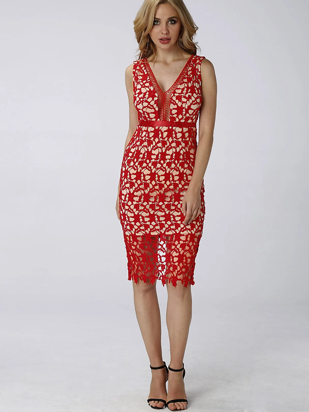 Wholesale Red V-Neck Sleeveless Lace Midi Dress