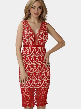 Wholesale Red V-Neck Sleeveless Lace Midi Dress