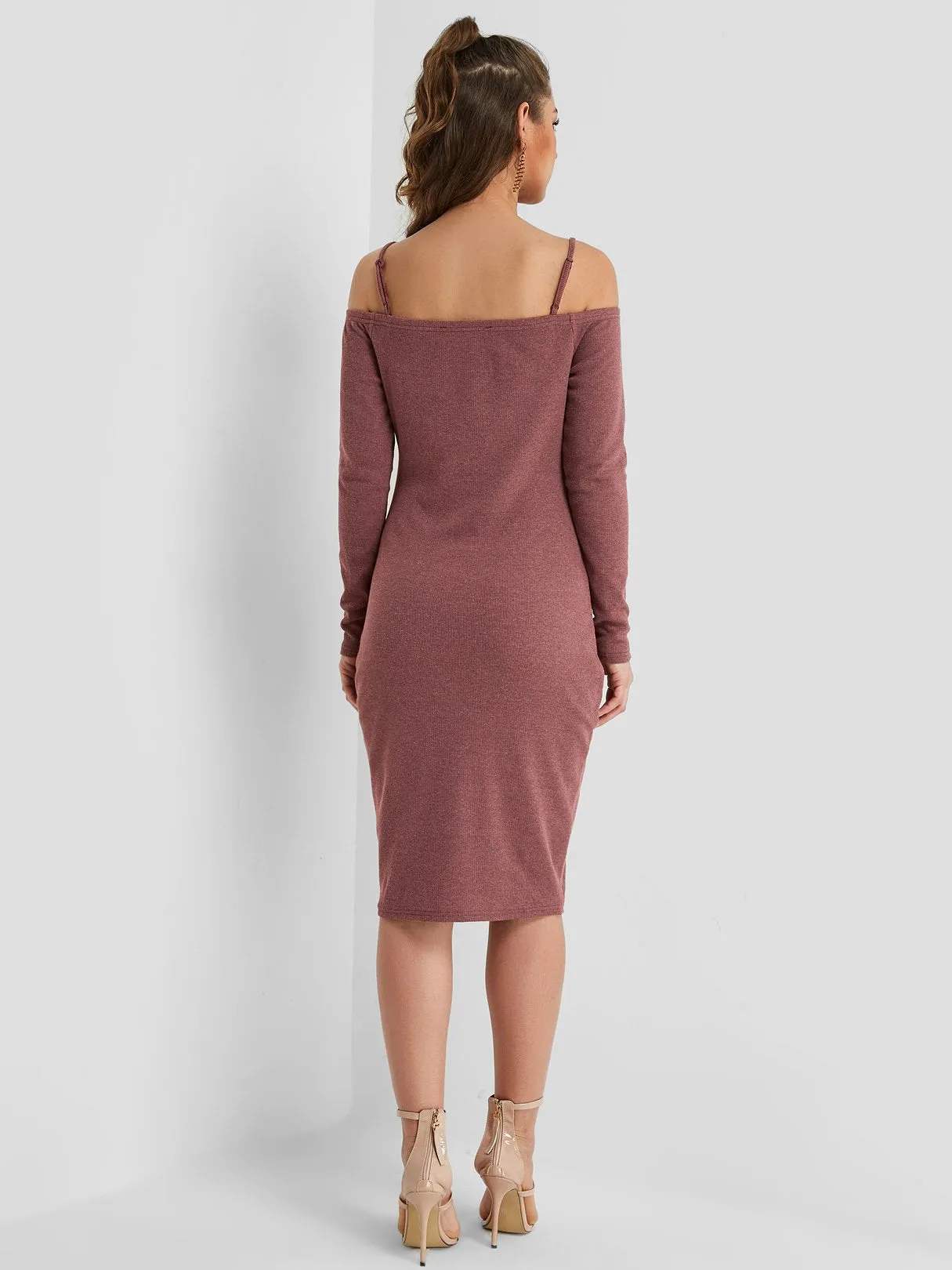 Wholesale Rust Long Sleeve Plain Spaghetti Strap Midi Dress