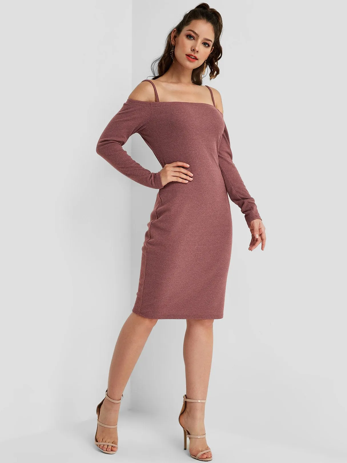 Wholesale Rust Long Sleeve Plain Spaghetti Strap Midi Dress