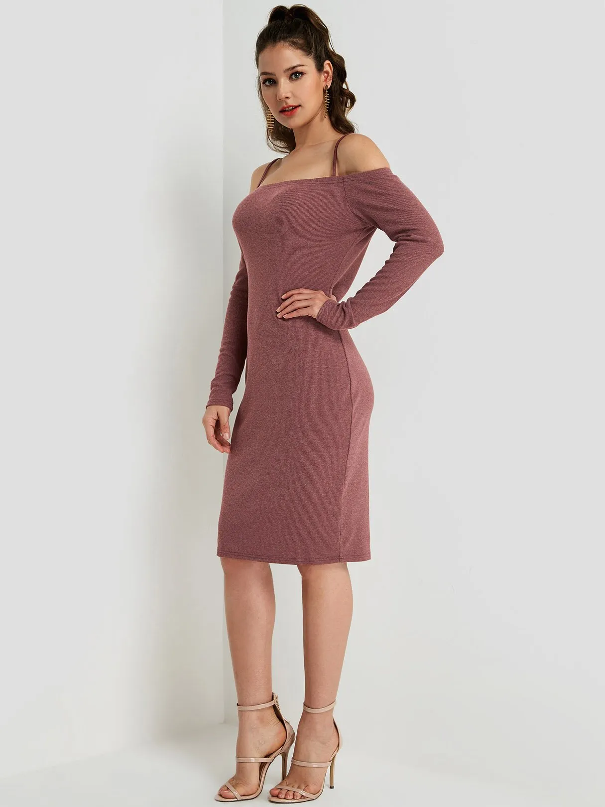 Wholesale Rust Long Sleeve Plain Spaghetti Strap Midi Dress