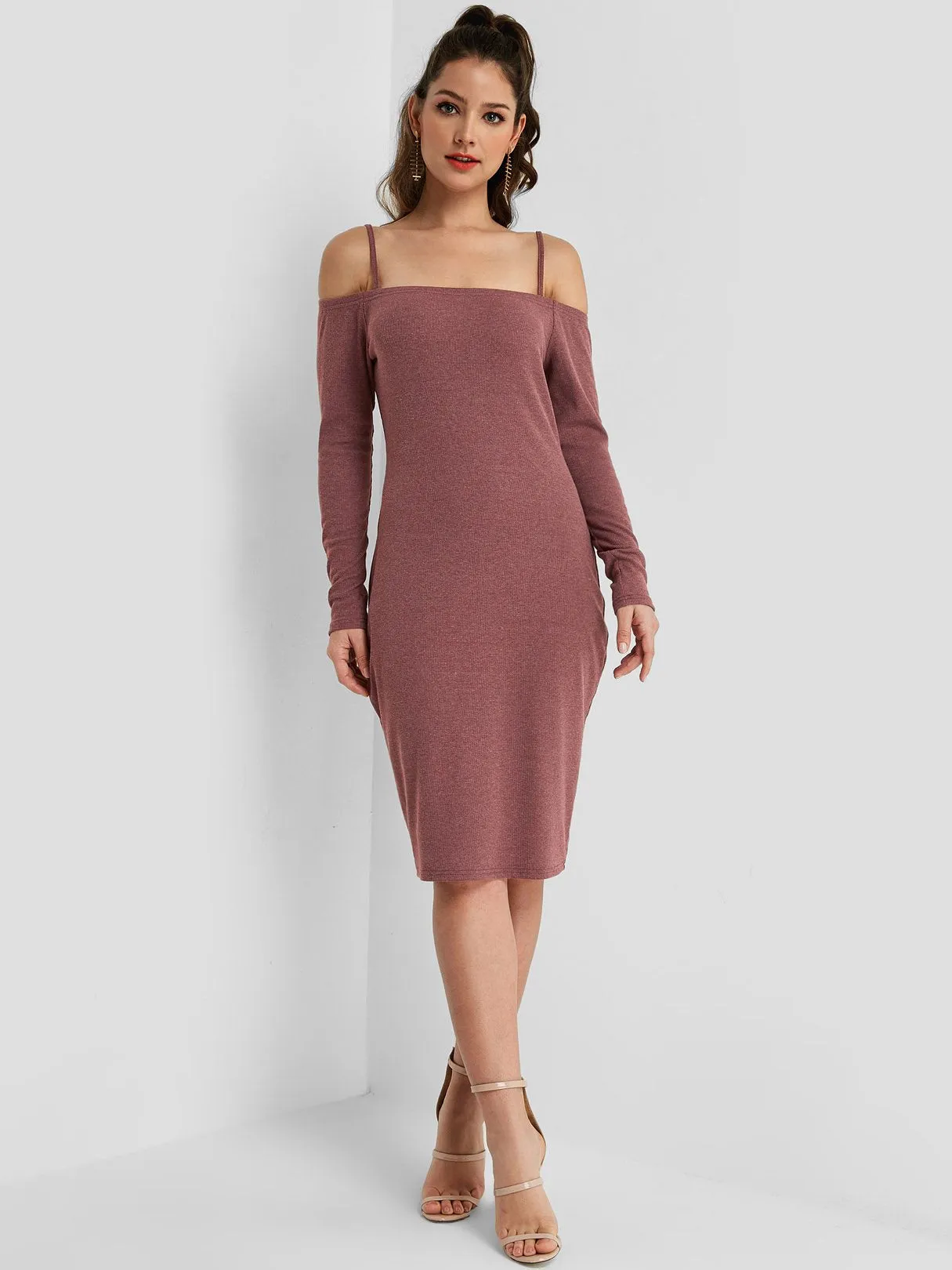 Wholesale Rust Long Sleeve Plain Spaghetti Strap Midi Dress