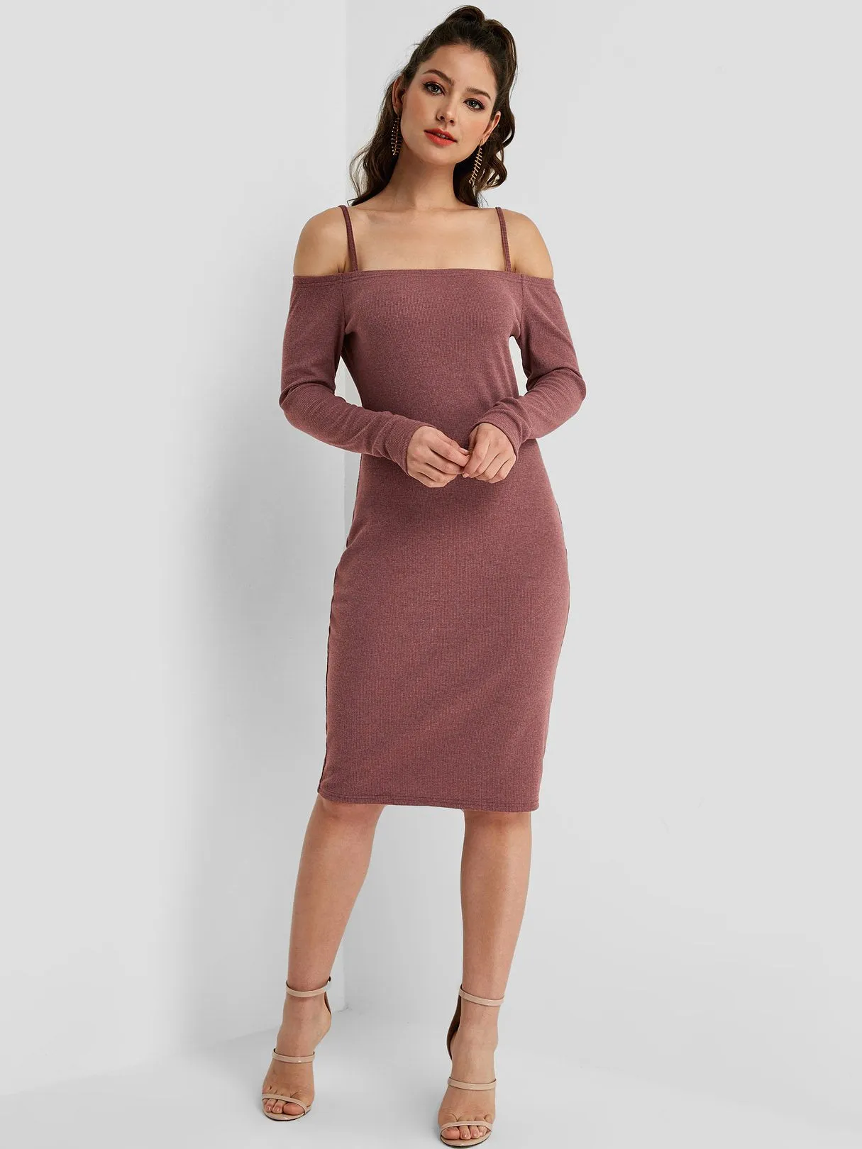 Wholesale Rust Long Sleeve Plain Spaghetti Strap Midi Dress