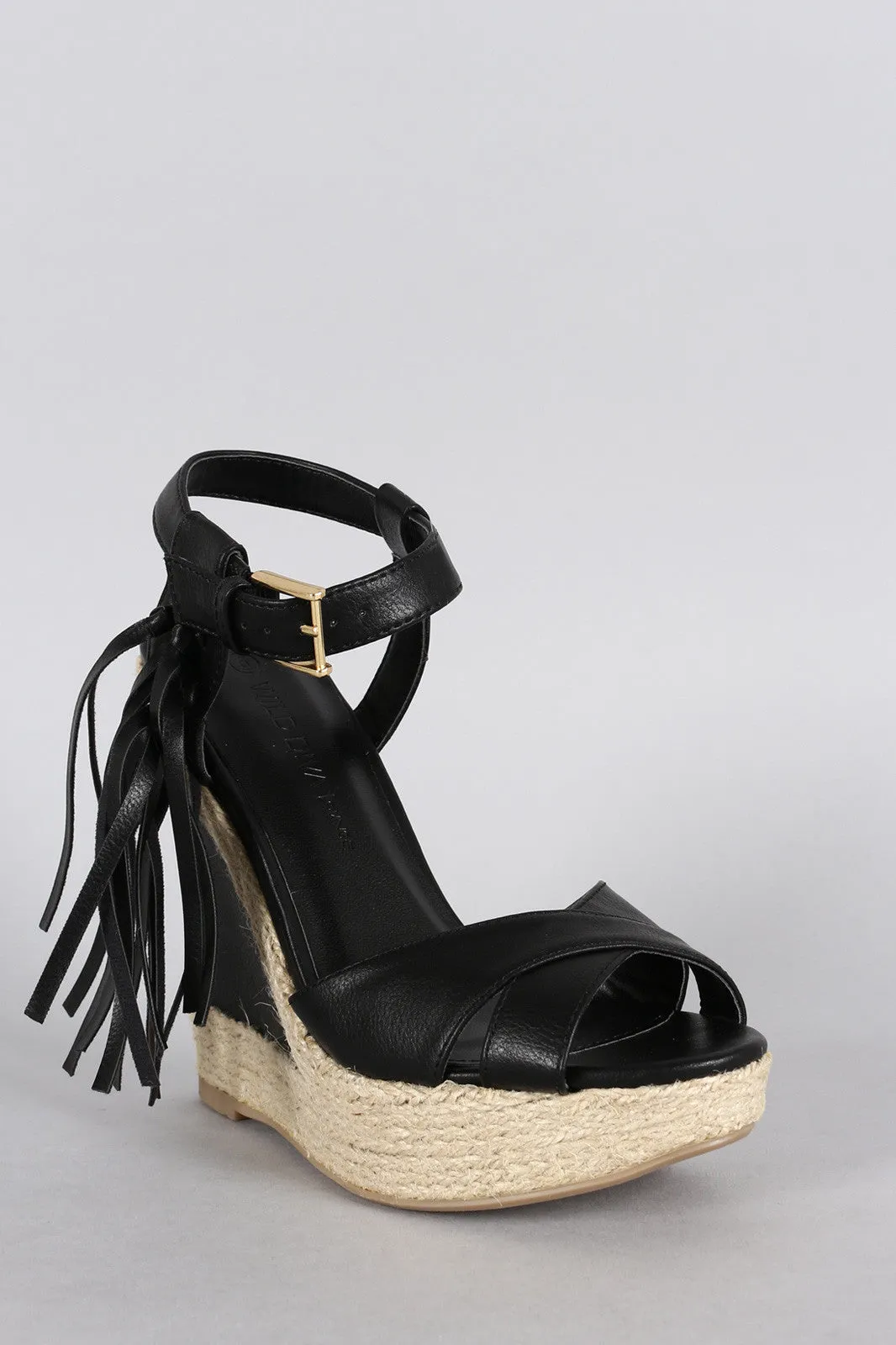 Wild Diva Lounge Fringe Ankle Strap Platform Wedge