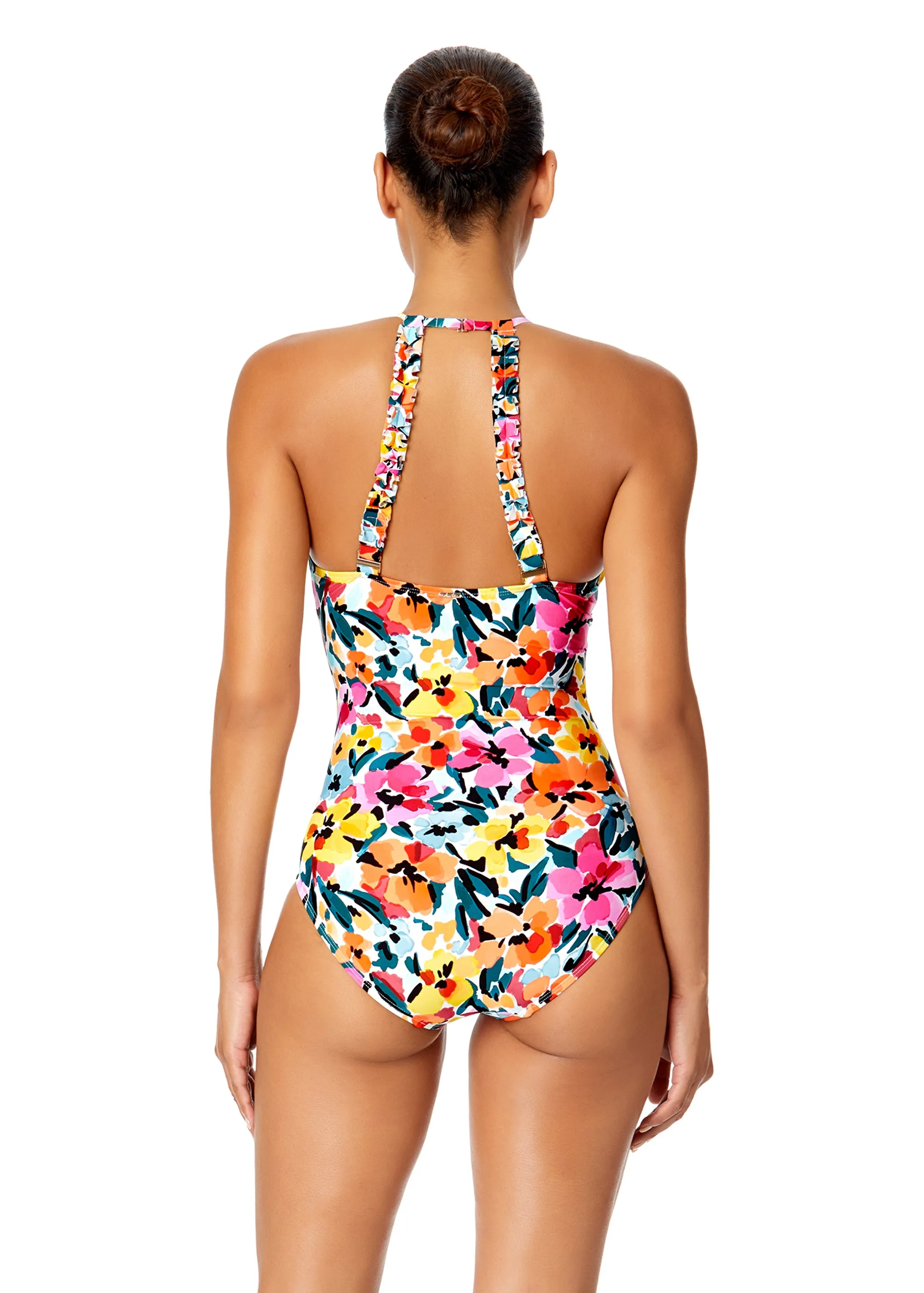 Women's Gradient Floral High Neck With Ruffled Straps One Piece Swimsuit