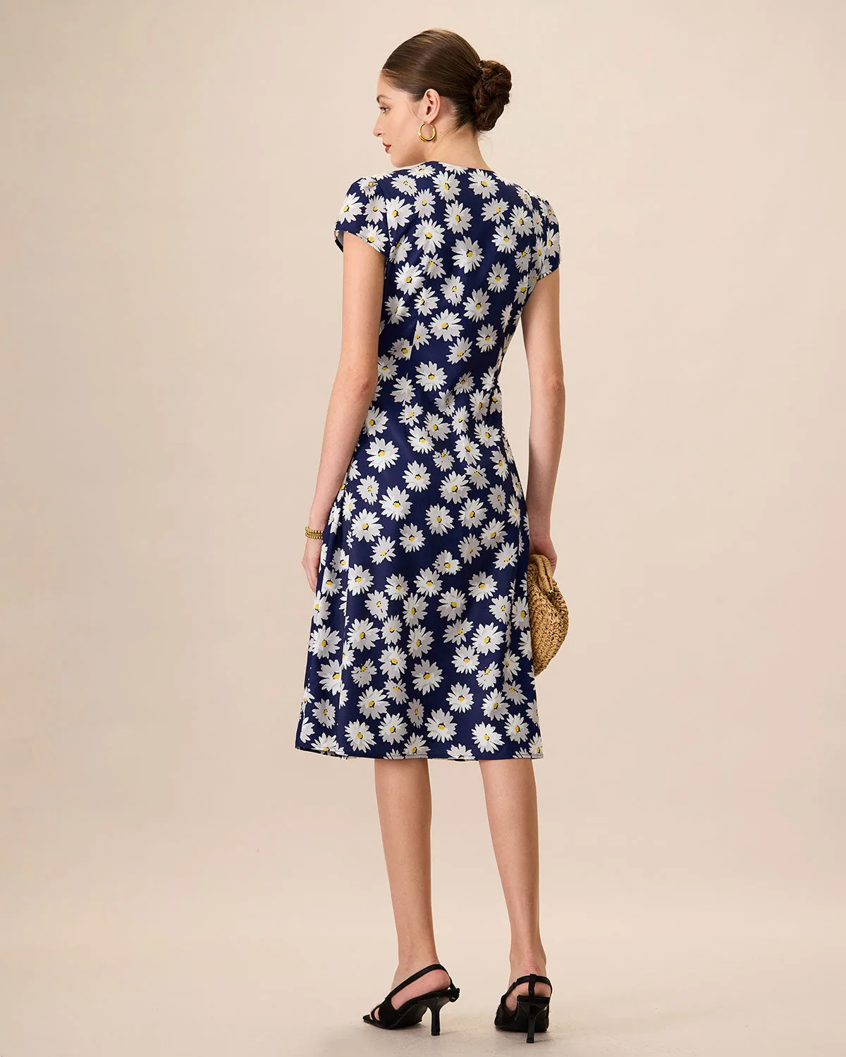 Women's Navy Button-Up Floral Midi Dresses